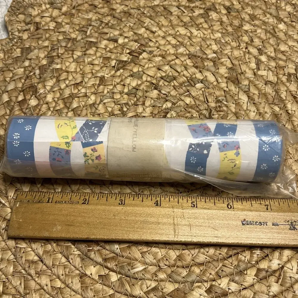 Vintage Spiegel Double Wedding Ring Quilt Wallpaper Border Blue Yellow 5 Yds NOS